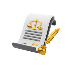 3D Legal Contract Icon with Scales and Quill Isolated on Transparent Background &ndash; Law and Justice PNG