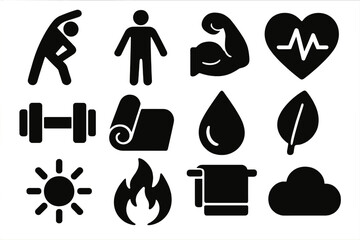 Brutalist Fitness Icons. Physical Awareness silhouette icons set: stretching person, body outline, muscle icon, heartbeat, dumbbell, yoga mat, water droplet, leaf, sun, flame.