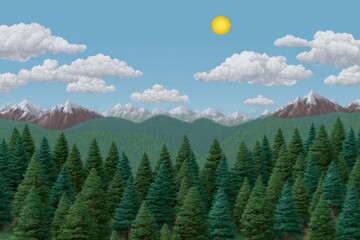 Vibrant digital painting of a dense evergreen forest with snow capped mountains under a sunny sky