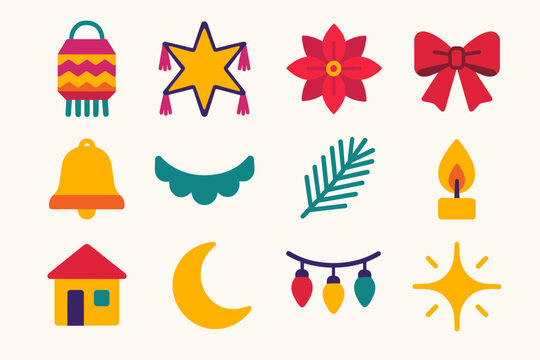 Decoraciones Posadas Isom&eacute;tricas. Las Posadas Street Decorations flat icons: paper lantern, star pi&ntilde;ata, poinsettia flower, ribbon bow, bell, garland, pine sprig, candle flame.