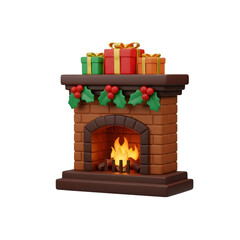 3D Christmas Fireplace with Gifts Icon Isolated on Transparent Background &ndash; Holiday Tradition PNG