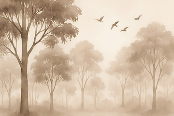 Watercolor Forest Landscape Background – Misty Nature Scene with Trees and Soft Tones