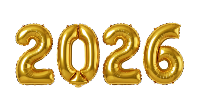 Golden balloons spelling out 2026