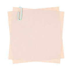 Pink pastel note papers clipped with a paperclip, isolated on transparent background. Stationery mockup for office, school, or creative design projects