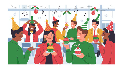 Office Festive Gathering: Colleagues, adorned in festive attire, share cupcakes, laughter, and seasonal cheer, fostering unity during a joyous holiday celebration.