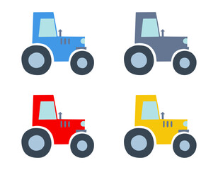Wheeled tractor set isolated on a white background. Colored icon, vector illustration. Hand drawn color tractors, childish toy.