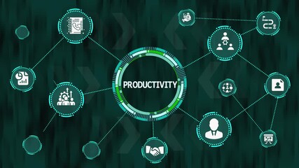 Productivity Enhancement Digital Workflow. Connected business icons showing performance improvement, analytics, teamwork, data flow, strategic coordination, and operational efficiency. - Powered by Adobe
