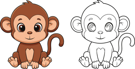 Cute Cartoon Baby Monkey Character and Outline Vector Illustration