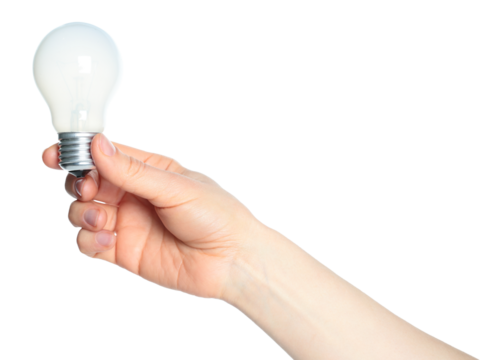 Hand holding a light bulb, symbol of idea, innovation, and electricity, isolated on transparent background. Perfect for creative, business, and energy design projects