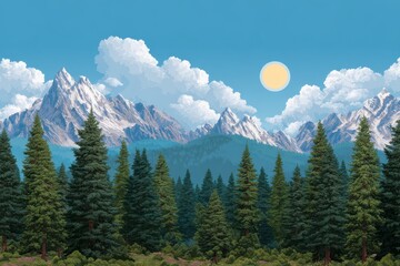 Majestic snow capped mountains rise above a dense evergreen forest under a bright sunny sky