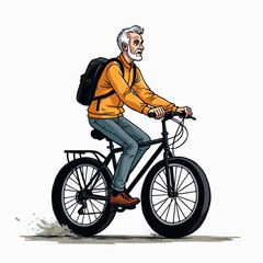 Naklejka premium Elderly man riding a bicycle with backpack on urban background 
