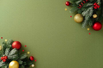 Festive double corner border with snowy fir branches, red and gold Christmas ornaments, and confetti on an green background. Excellent for holiday flyer or social media design.
