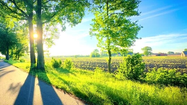 sunlit canal path with towering trees and long shadows, vibrant summer morning light, waterside reflections