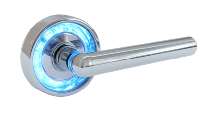 Futuristic Smart Door Handle with Blue LED Light, High-Tech Security Device Isolated on White