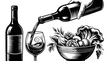 A black and white woodcut illustration of a wine pouring scene.