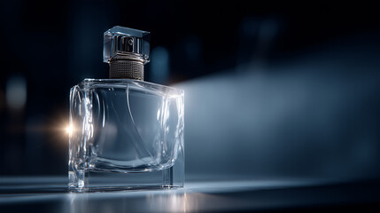 Modern perfume bottle in cinematic blue lighting. Sleek luxury fragrance with dramatic highlights.