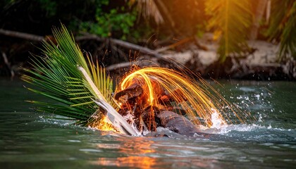 Abstract depiction of water, plant life, and light creating a dynamic interplay