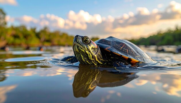 Turtle emerges from calm water, neck extended, amidst lush greenery and a soft, cloudy sunset sky - Powered by Adobe