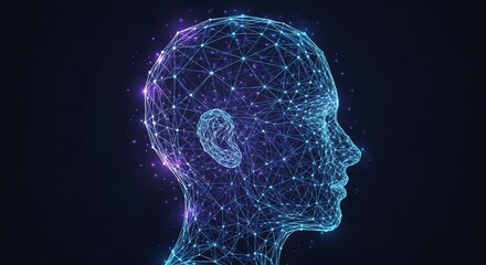 Digital human head profile formed by a glowing plexus network, symbolizing artificial intelligence and data processing