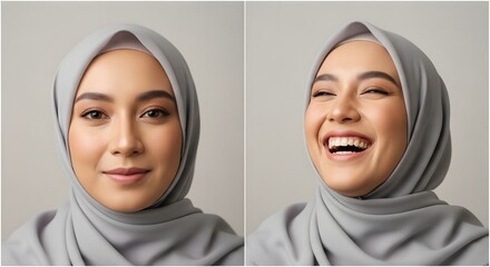 Close-up of a young woman wearing a light gray hijab with a calm expression in the first image and a joyful smile in the second image, showcasing different emotions and facial expressions