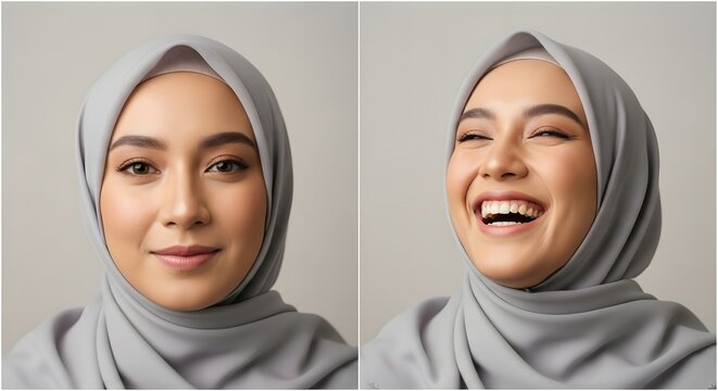 Close-up of a young woman wearing a light gray hijab with a calm expression in the first image and a joyful smile in the second image, showcasing different emotions and facial expressions