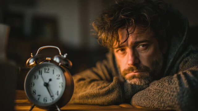 Man, pensive, resting head on hands, bedside clock in soft focus