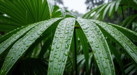 Close-up of lush green palm fronds adorned with glistening water droplets after a tropical rain