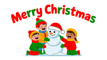 Joyful Christmas: A group of children is playing and laughing during the winter Christmas celebration, surrounded by a snowman.