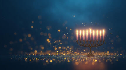 glowing hanukkah menorah made of sparkling golden particles on dark festive background, elegant holiday illustration for seasonal greetings, celebration banners and jewish cultural designs