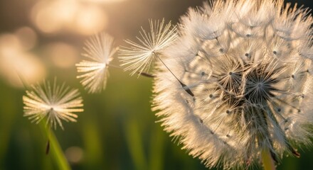 Dandelion clock seeds blowing away in the sunlight providing soft golden light beautifully
