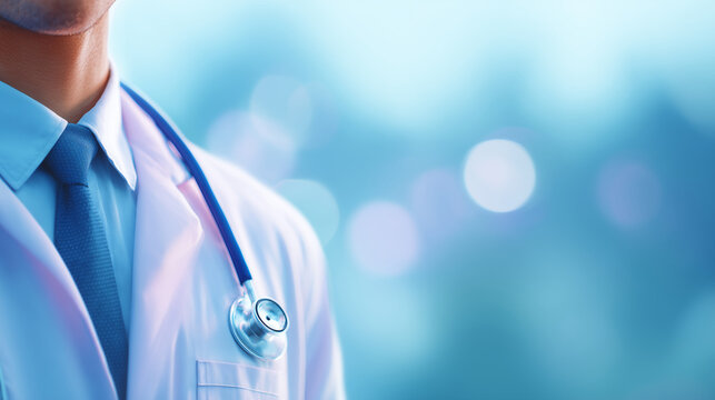 professional doctor standing with folded arms in modern hospital environment, medical expert wearing lab coat and stethoscope, healthcare banner concept for clinics, consultations and medical services