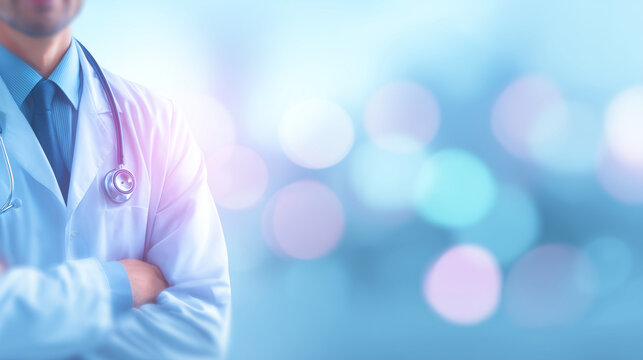 professional doctor standing with folded arms in modern hospital environment, medical expert wearing lab coat and stethoscope, healthcare banner concept for clinics, consultations and medical services