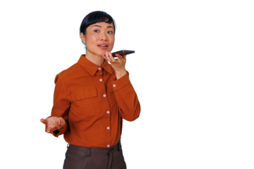 Woman recording voice message on smartphone, communicating and gesturing, sending audio note online with technology on transparent background