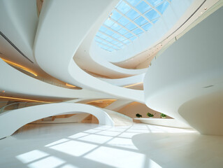 Modern white building interior with curved architecture and skylight