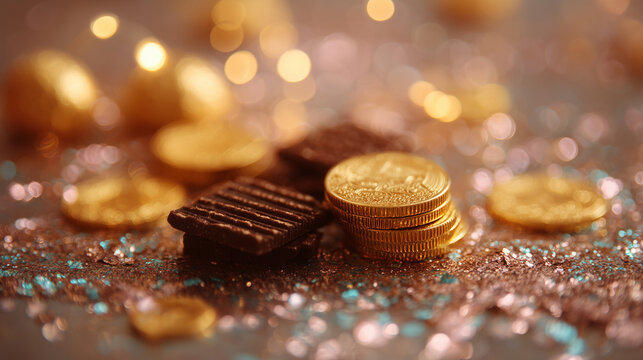 festive hanukkah sweets with sparkling chocolate coins and glittery pralines on shimmering holiday background, seasonal celebration concept for jewish traditions, winter greetings and festive designs - Powered by Adobe