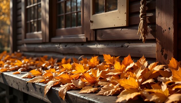 Autumn leaves scattered on a rustic wooden porch bathed in warm sunlight during fall season