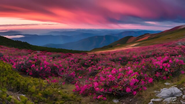 epic mountainous landscape, vibrant pink rhododendron flowers in foreground, dramatic sunset sky with warm colors, hazy blue mountains in distance, lush green hills, cinematic, stunning natural scener