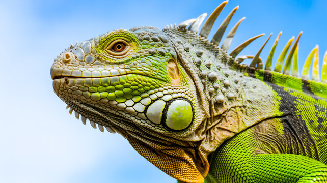 A close-up macro photograph of a vibrant green iguana's head and partial neck against a light blue sky backgrou