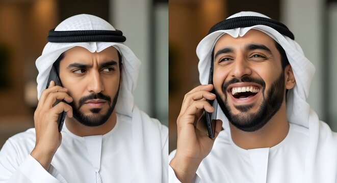 Two Middle Eastern men wearing traditional attire are engaged in a phone conversation, with one appearing serious and the other smiling happily, in an outdoor setting - Powered by Adobe