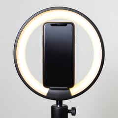 Modern smartphone mounted inside a bright led ring light for content creation