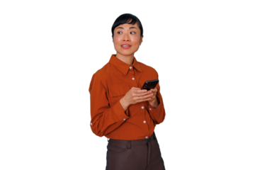 Asian woman online networking on smartphone, sending message, digital communication, user interface, transparent background
