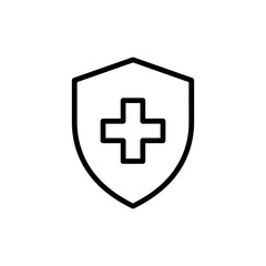 Fototapeta premium Outline drawing of a shield shape with a plus sign in the center representing health and protection