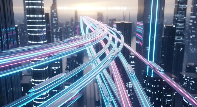 Futuristic cityscape with elevated transportation system and neon lights