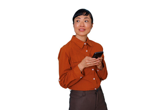 Asian woman online networking on smartphone, sending message, digital communication, user interface, transparent background