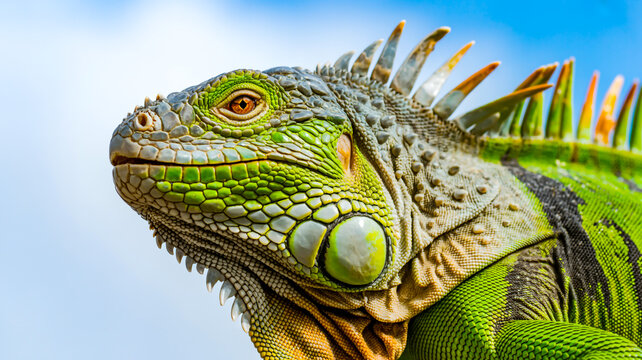 A close-up macro photograph of a vibrant green iguana's head and partial neck against a light blue sky backgrou - Powered by Adobe