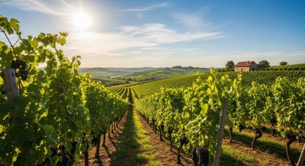 Naklejka premium Picturesque vineyard landscape with ripe grapes and beautiful scenery under a bright sun and blue