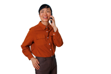 Smiling asian woman talking on mobile phone, having happy conversation, communicating, standing on transparent background