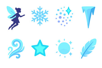 Frosted Fantasy Icons. Frosted Wings flat icons: fairy silhouette, snowflake, sparkle dust, icicle, frost swirl, star, glow, feather.