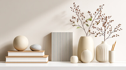 Moderne, helle Szenen mit klaren Mockups für Buchcover, Zeitschriften und Softcover-Layouts auf neutralen Oberflächen. Weiches Tageslicht, ruhige Farben und minimalistische Arrangements