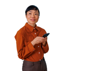 Asian woman texting on a mobile phone, looking up, connecting, communicating, transparent background